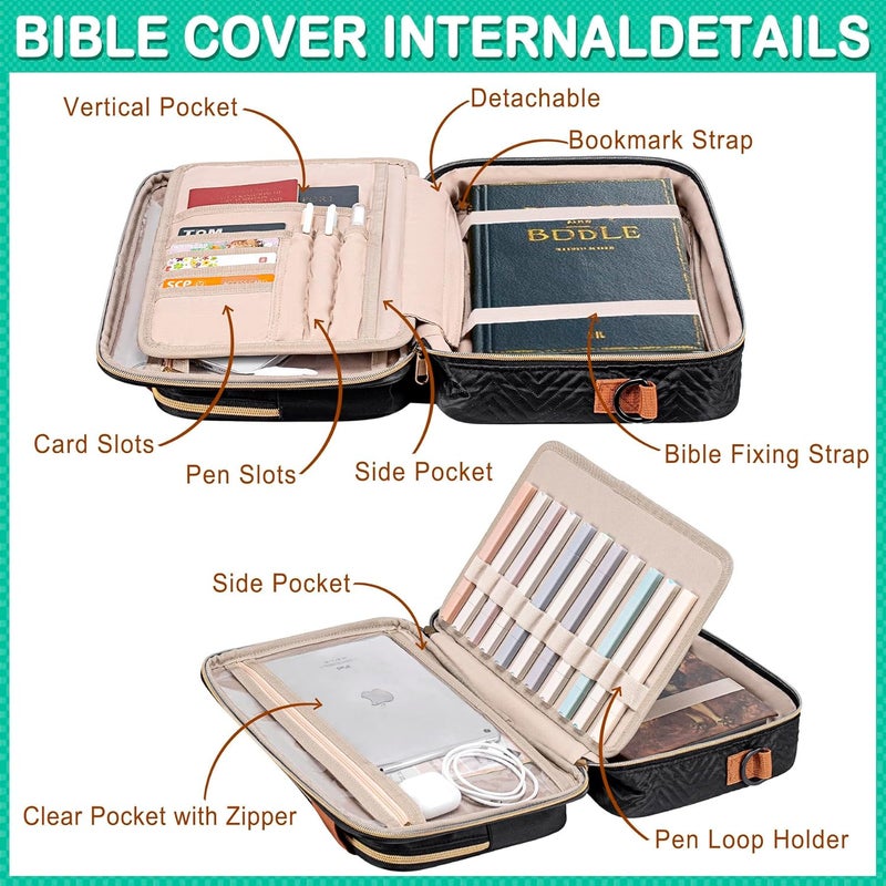 TuErCao Bible Cover Case for Women Men Study Supplies Bag Christian Catholic Spiritual Gifts Accessories with Shoulder Strap and Detachable Pen Highlighters Slots - Image 3